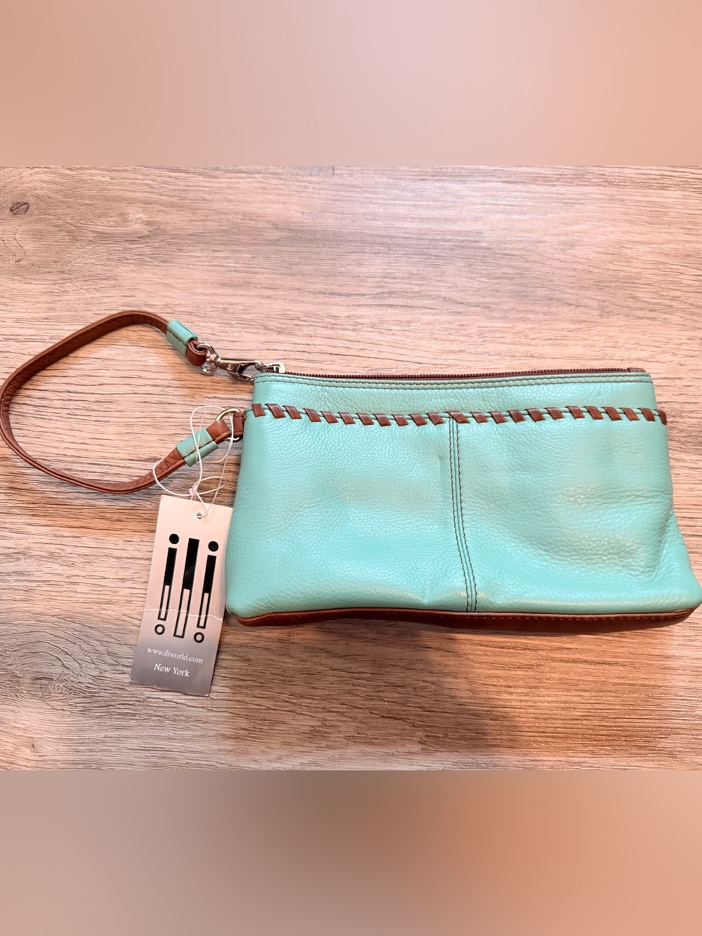 Mint Leather Wristlet with Contrast Tan Trim